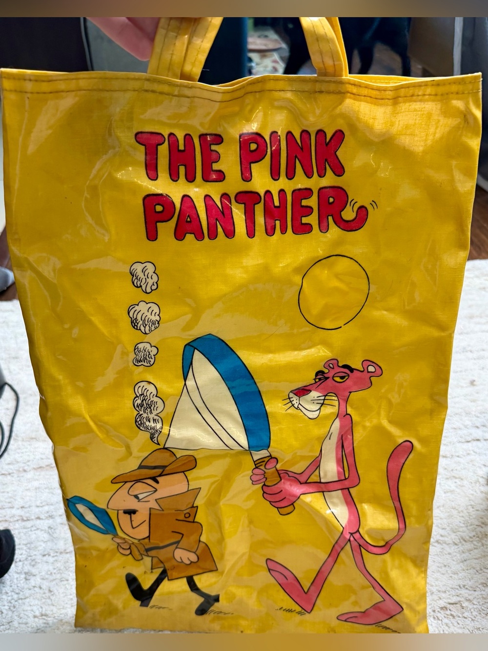 💕🔍Vintage Pink Panther Yellow Vinyl Tote Bag